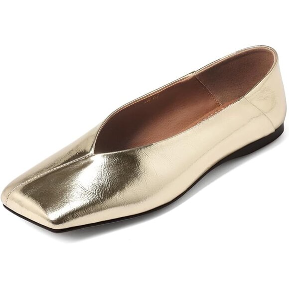 Shoes - Women's Ballet Flats Square Toe Gold Patent Leather Dress Shoes Loafers Pull-On